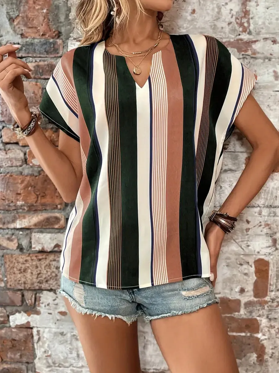 * APP EXCLUSIVE* Striped Notched Neck Short Sleeve Blouse