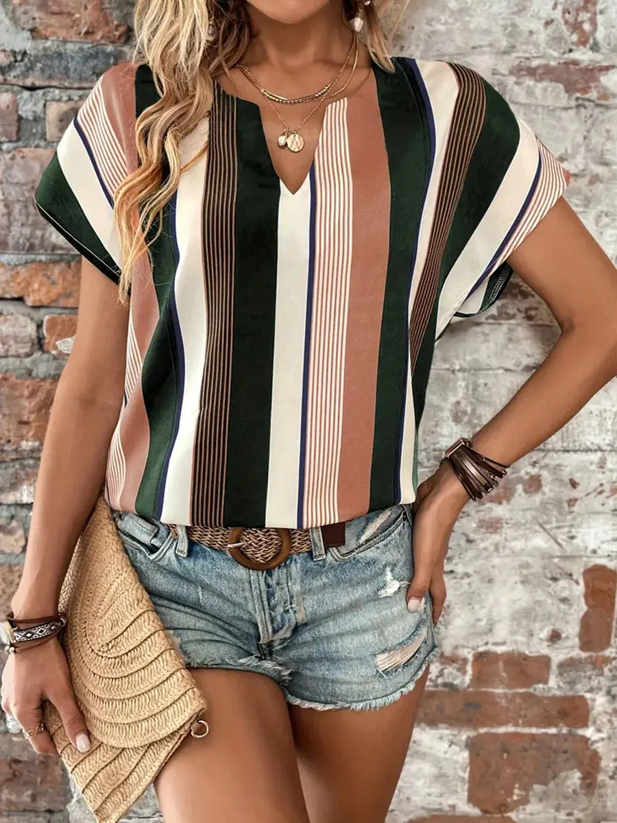 * APP EXCLUSIVE* Striped Notched Neck Short Sleeve Blouse