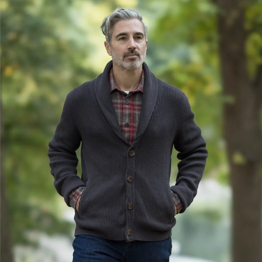 Adaptive Ribbed Cotton Shawl Collar Cardigan with Magnetic Button Front and Pockets in Charcoal