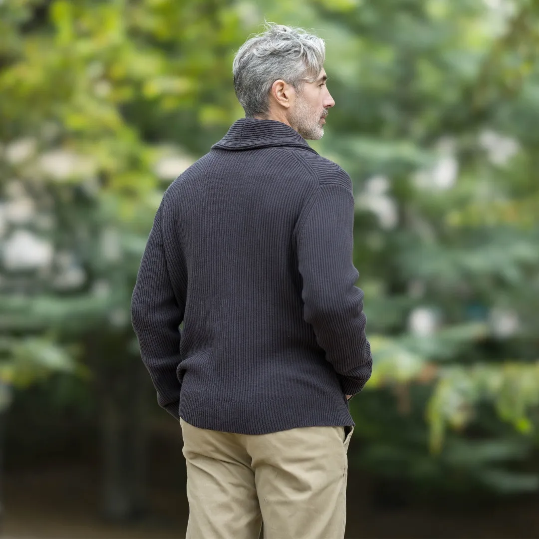 Adaptive Ribbed Cotton Shawl Collar Cardigan with Magnetic Button Front and Pockets in Charcoal