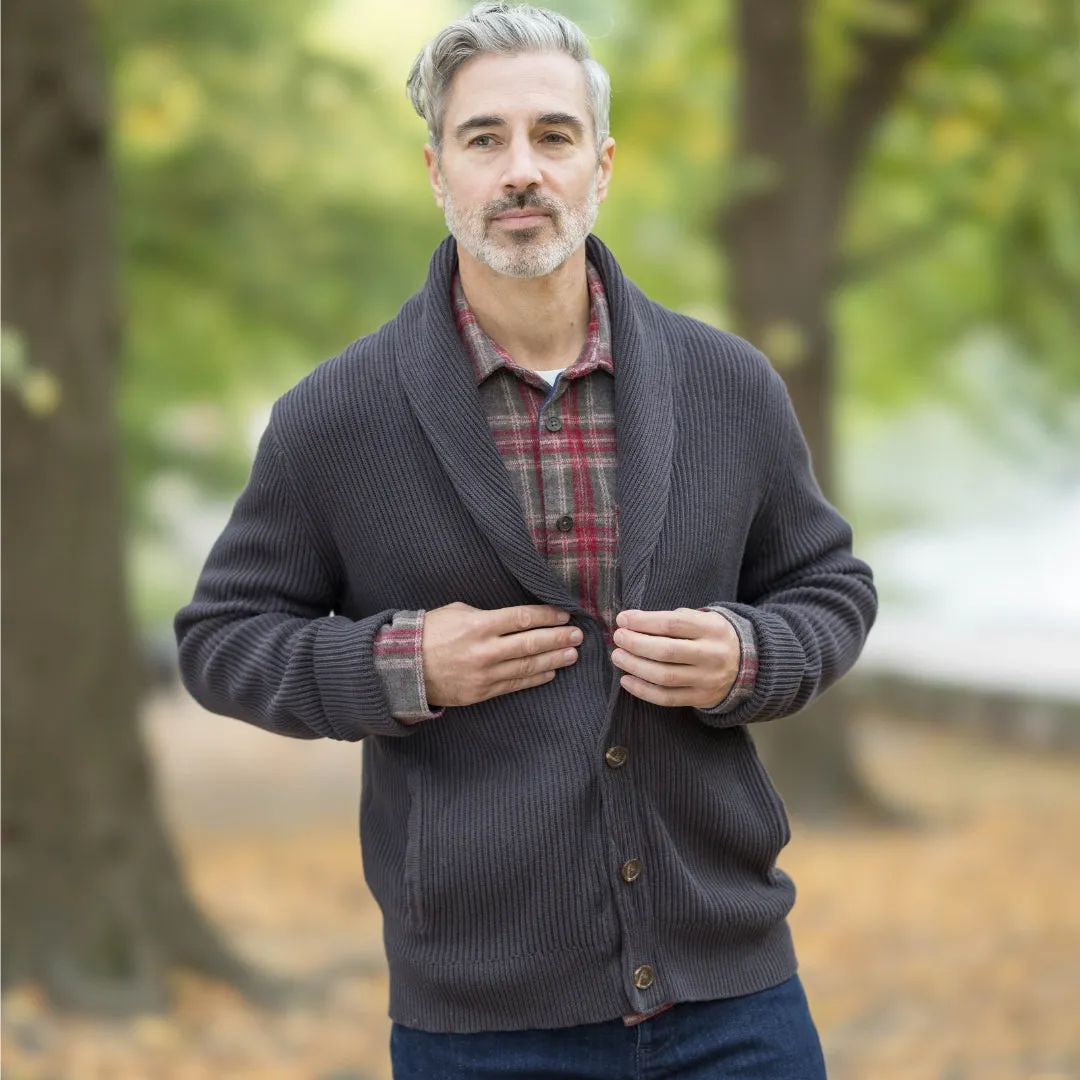 Adaptive Ribbed Cotton Shawl Collar Cardigan with Magnetic Button Front and Pockets in Charcoal