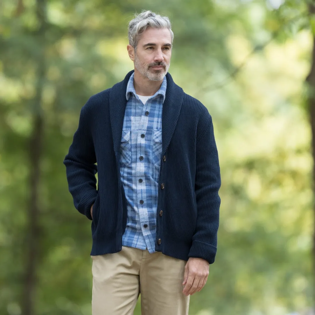 Adaptive Ribbed Cotton Shawl Collar Cardigan with Magnetic Button Front and Pockets in Navy