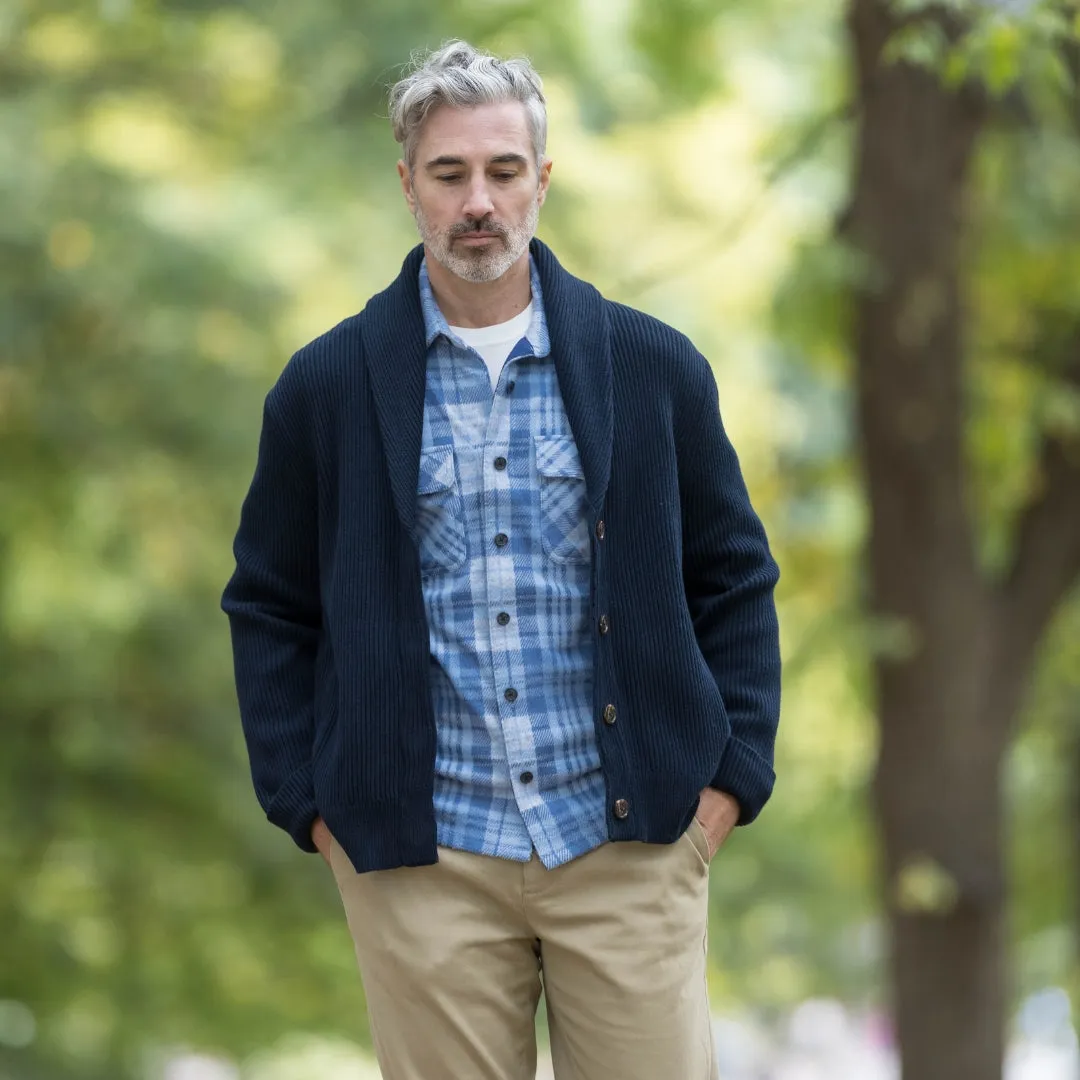 Adaptive Ribbed Cotton Shawl Collar Cardigan with Magnetic Button Front and Pockets in Navy