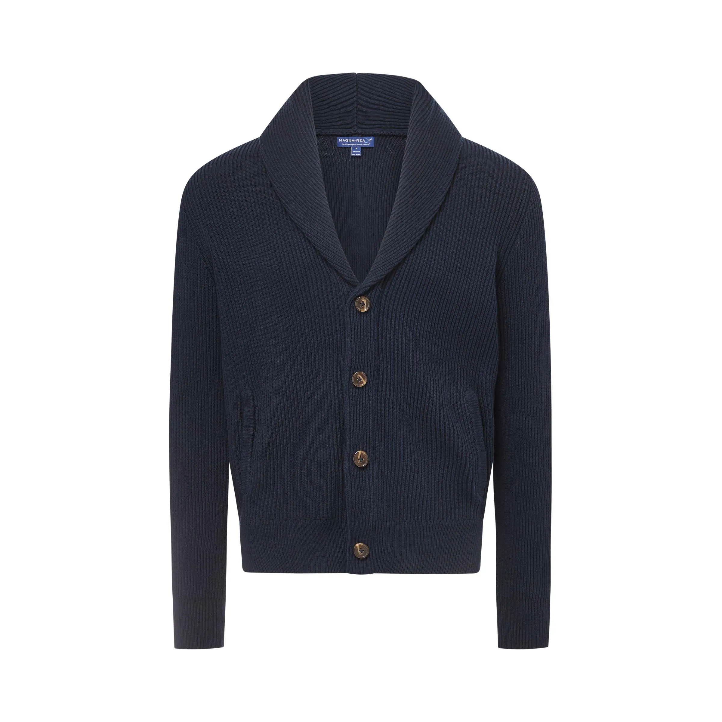 Adaptive Ribbed Cotton Shawl Collar Cardigan with Magnetic Button Front and Pockets in Navy