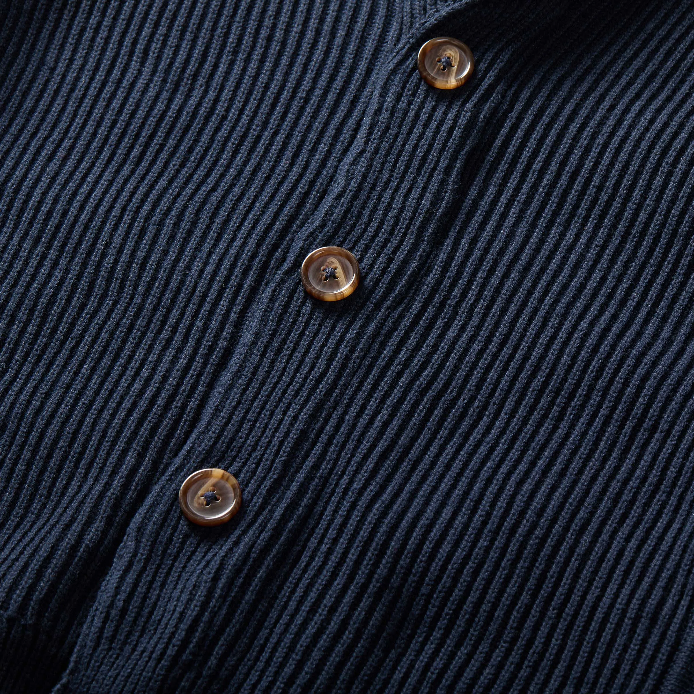 Adaptive Ribbed Cotton Shawl Collar Cardigan with Magnetic Button Front and Pockets in Navy