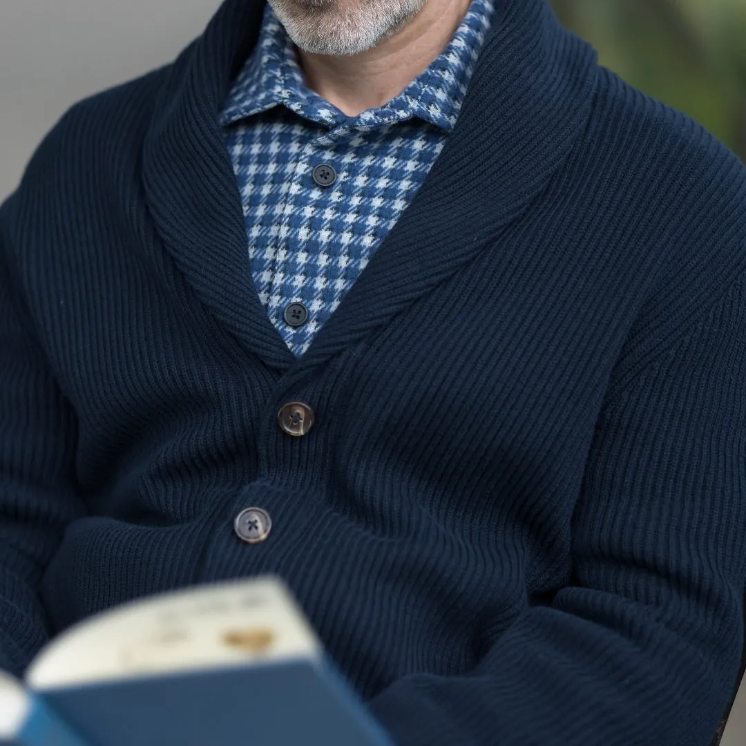 Adaptive Ribbed Cotton Shawl Collar Cardigan with Magnetic Button Front and Pockets in Navy