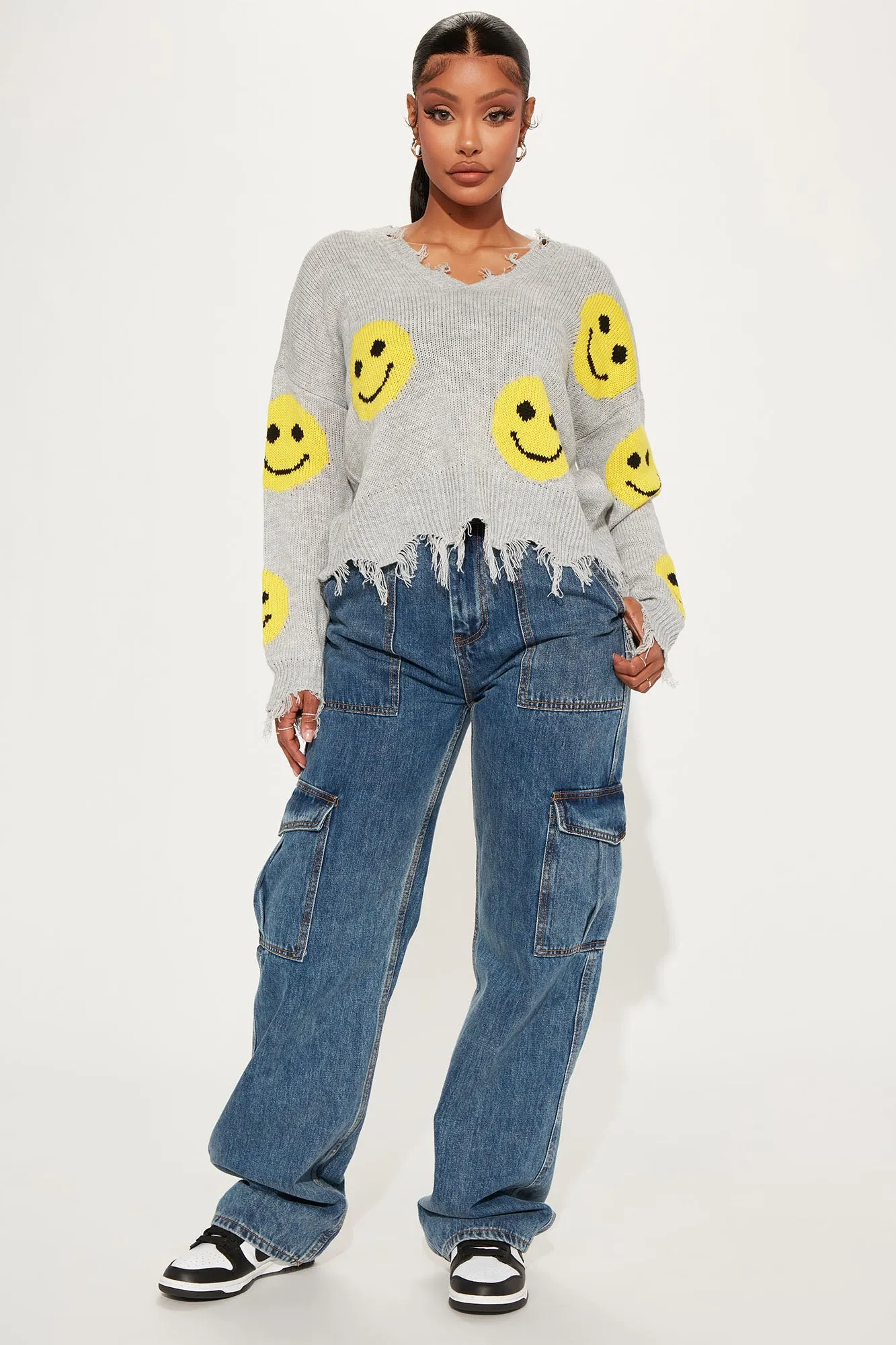 All Smiles V Neck Sweater - Grey/combo