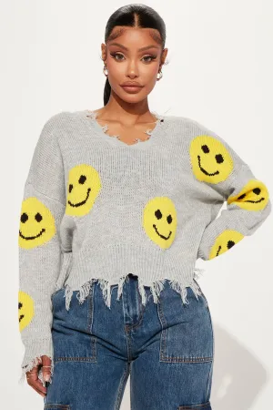 All Smiles V Neck Sweater - Grey/combo