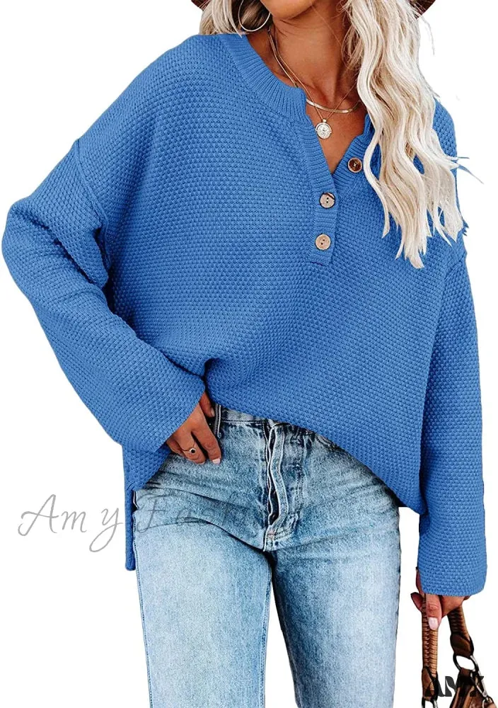 Amy Fashion - Women's Batwing Long Sleeve Loose V Neck Button Top