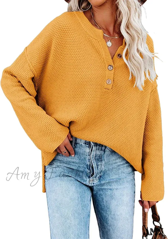 Amy Fashion - Women's Batwing Long Sleeve Loose V Neck Button Top