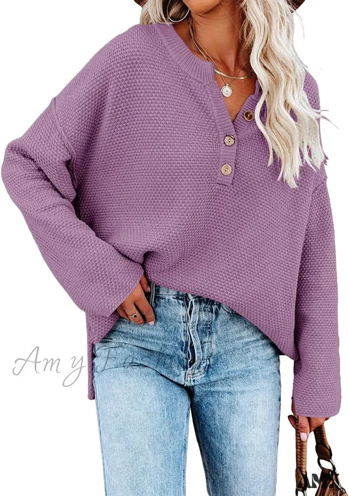 Amy Fashion - Women's Batwing Long Sleeve Loose V Neck Button Top