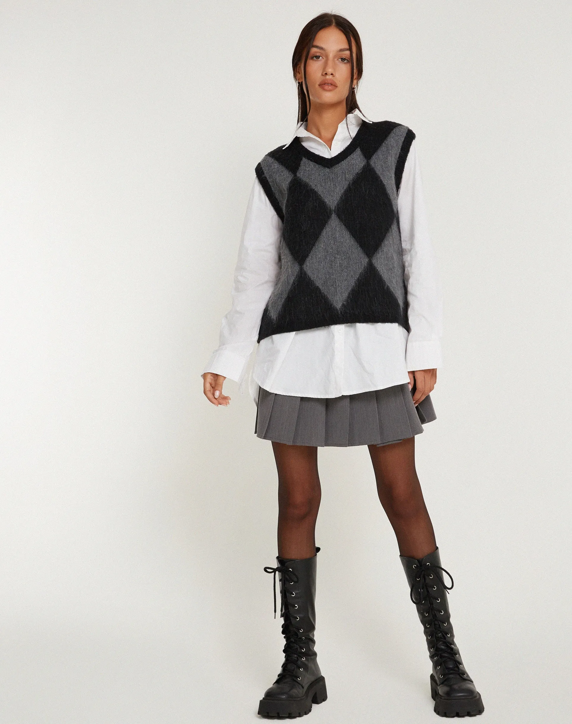 Arisa Sweater Vest in Harlequin Grey and Black