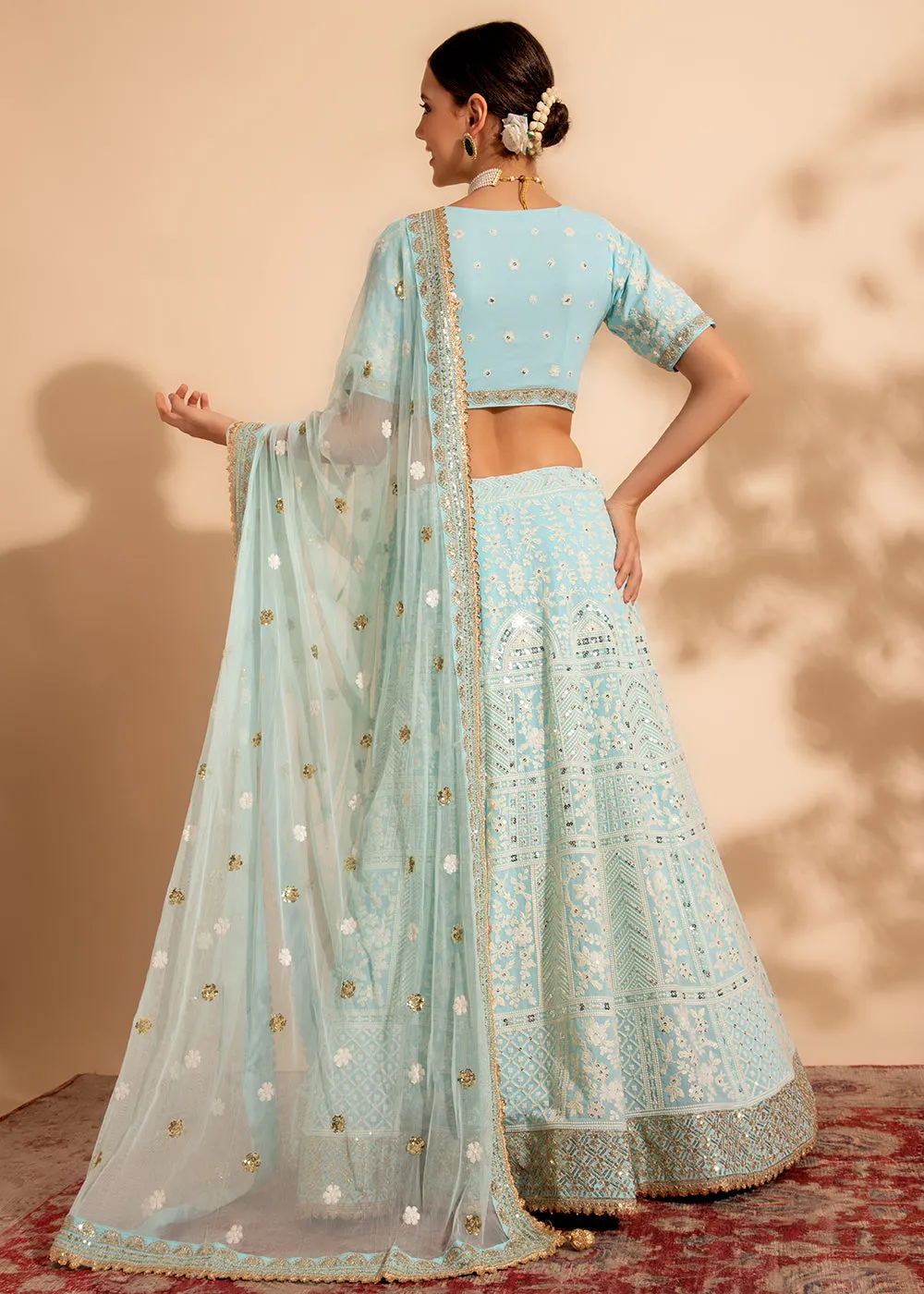 Attractive Sky Blue Bridesmaid Style Wedding Lehenga Choli