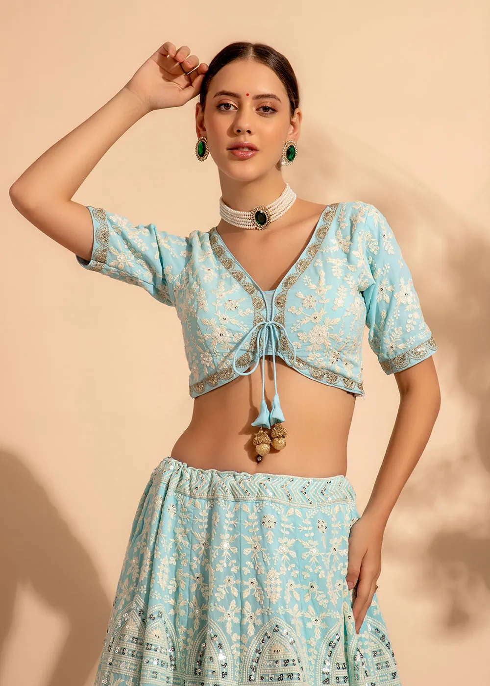 Attractive Sky Blue Bridesmaid Style Wedding Lehenga Choli