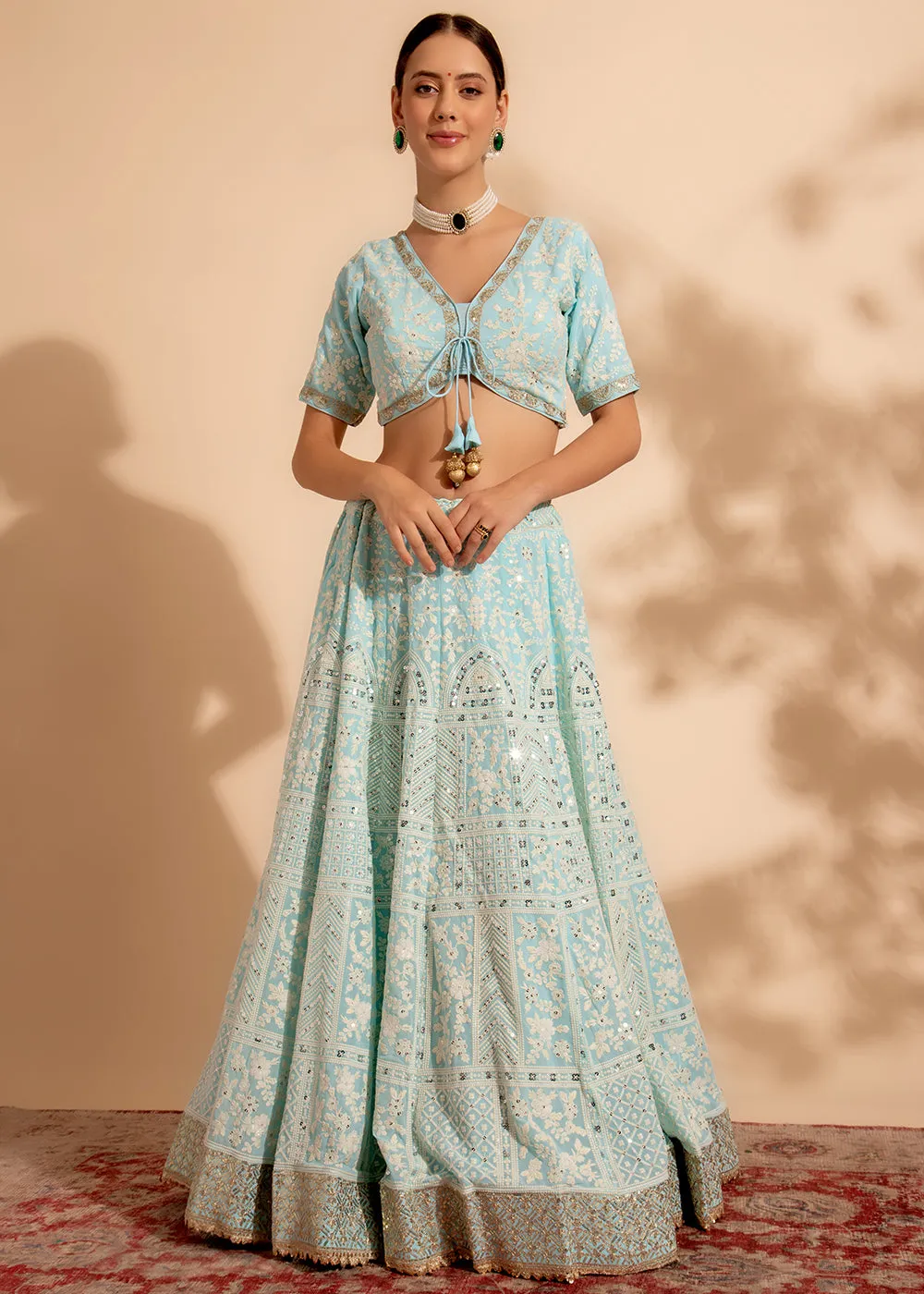 Attractive Sky Blue Bridesmaid Style Wedding Lehenga Choli