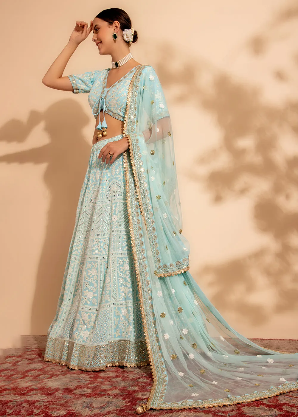 Attractive Sky Blue Bridesmaid Style Wedding Lehenga Choli