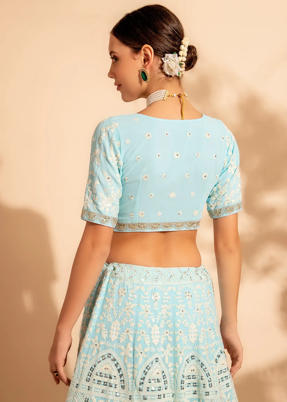 Attractive Sky Blue Bridesmaid Style Wedding Lehenga Choli