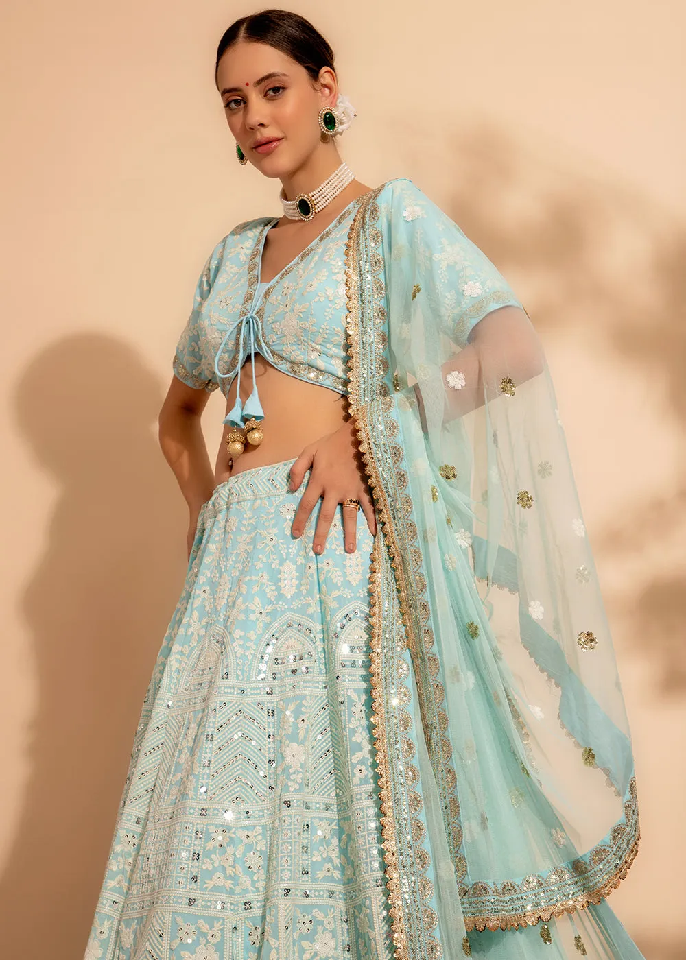 Attractive Sky Blue Bridesmaid Style Wedding Lehenga Choli