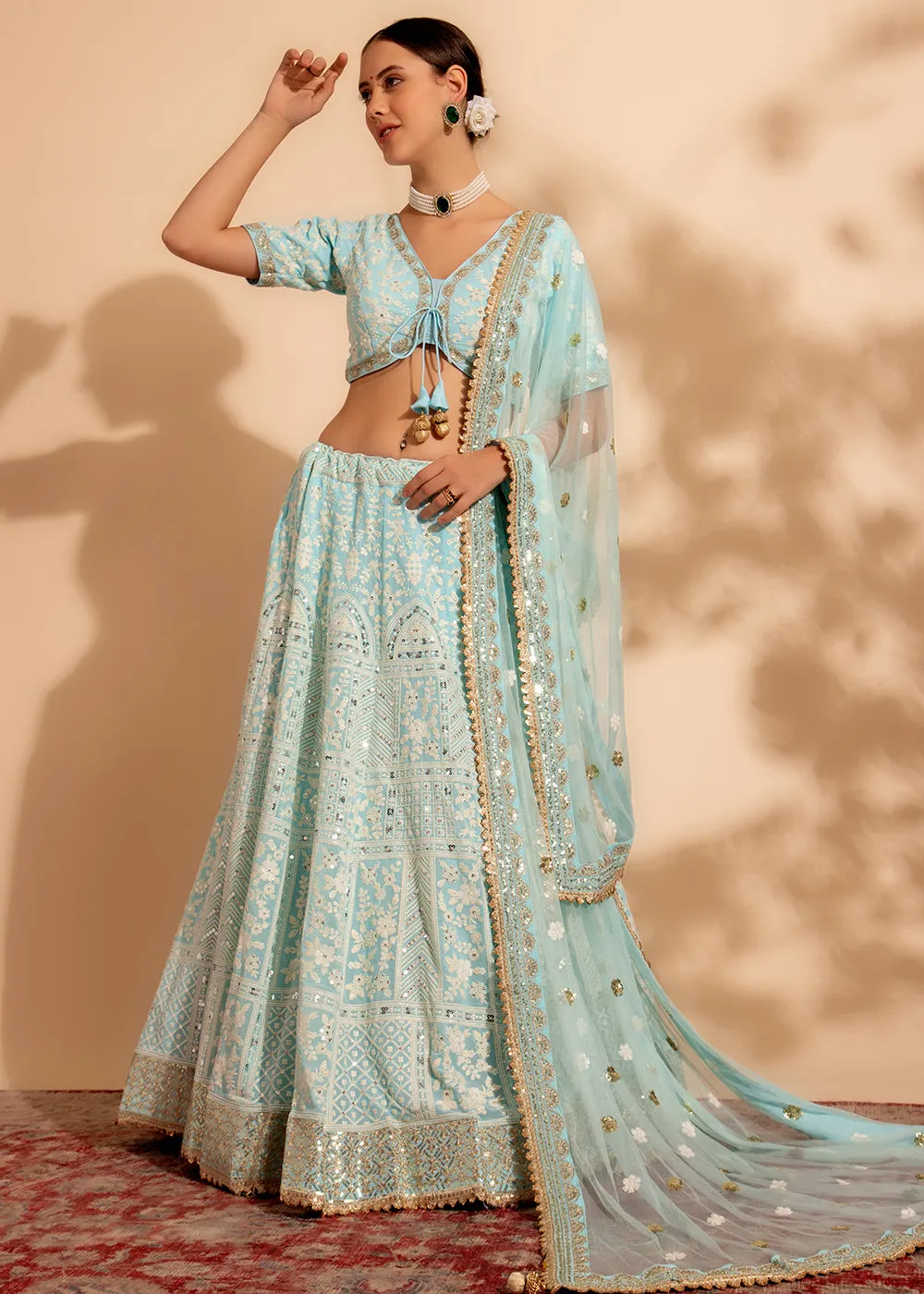 Attractive Sky Blue Bridesmaid Style Wedding Lehenga Choli