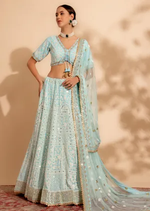 Attractive Sky Blue Bridesmaid Style Wedding Lehenga Choli