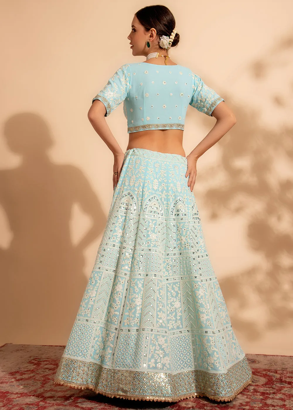 Attractive Sky Blue Bridesmaid Style Wedding Lehenga Choli