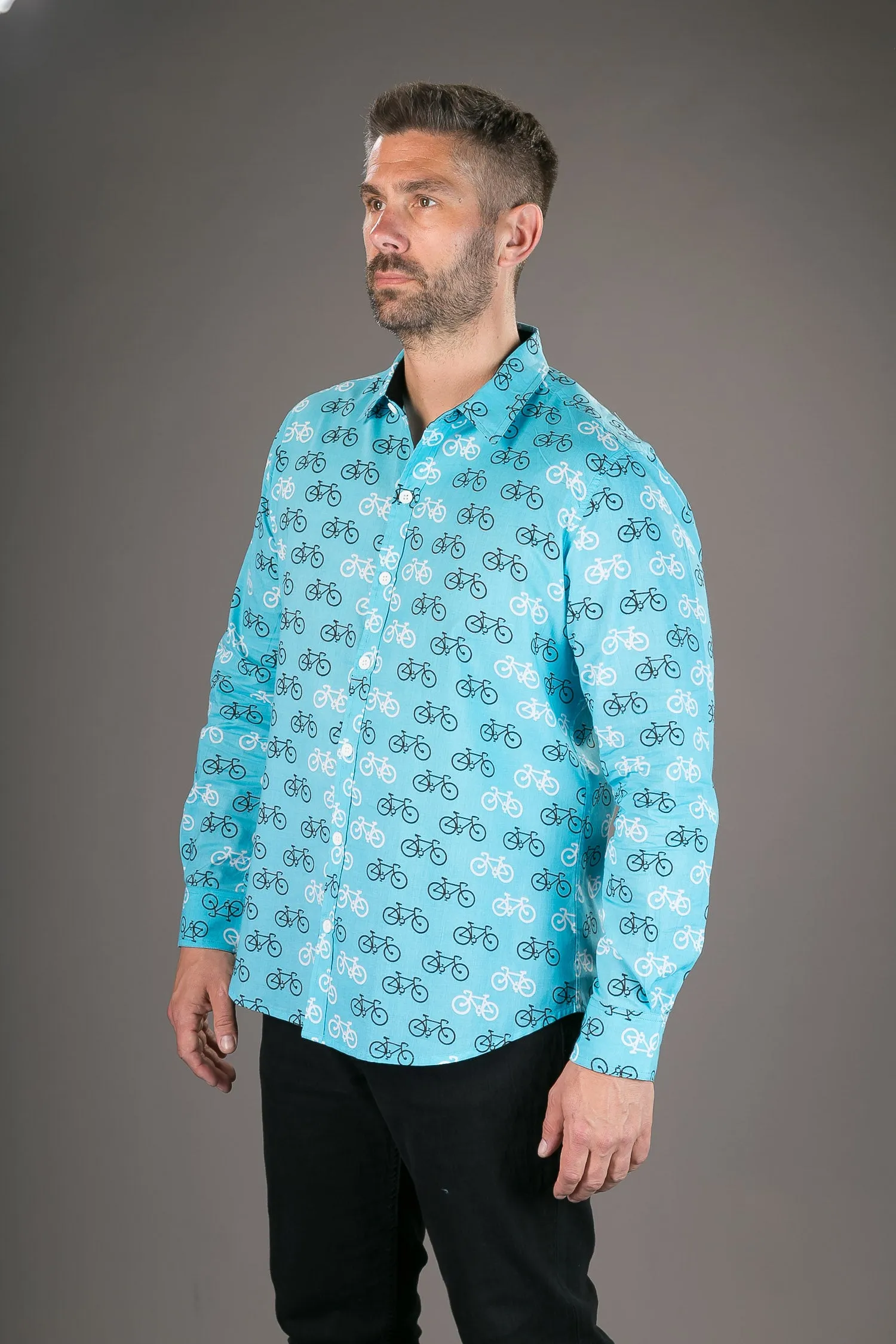 Blue Bicycle Print Cotton Slim Fit Shirt