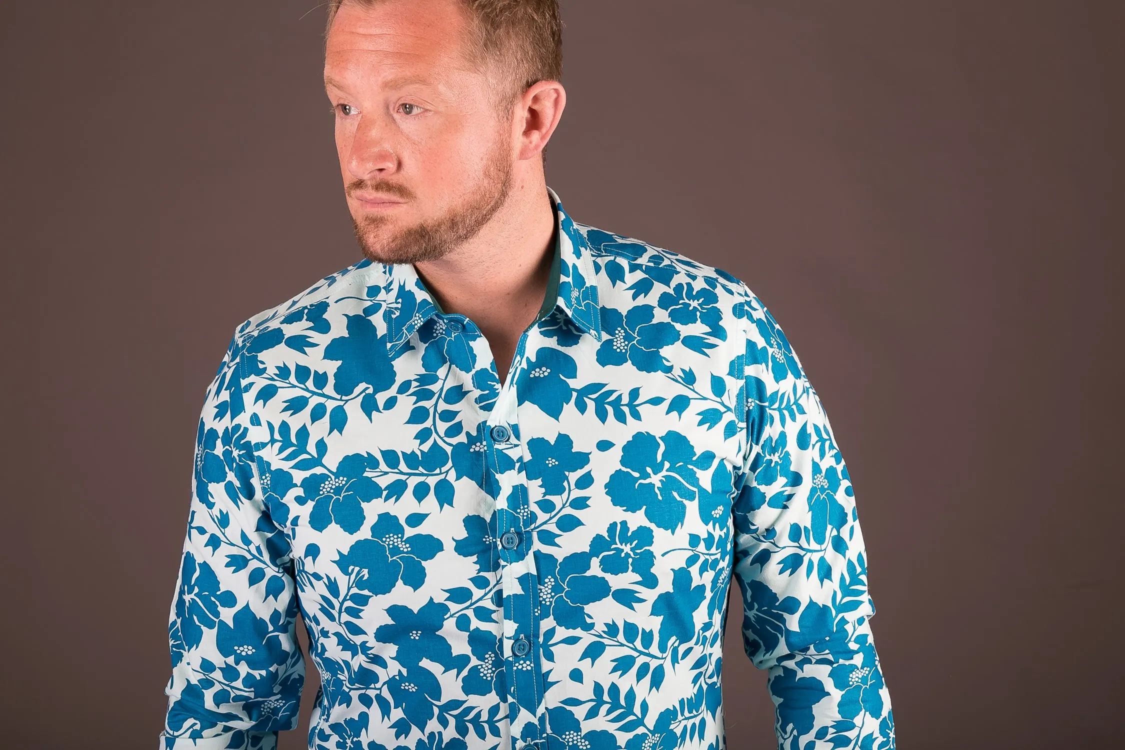 Blue Floral Print Cotton Slim Fit Mens Shirt Long Sleeve