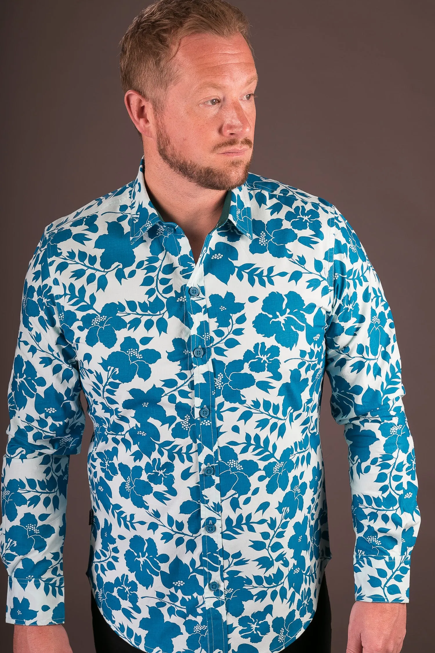 Blue Floral Print Cotton Slim Fit Mens Shirt Long Sleeve