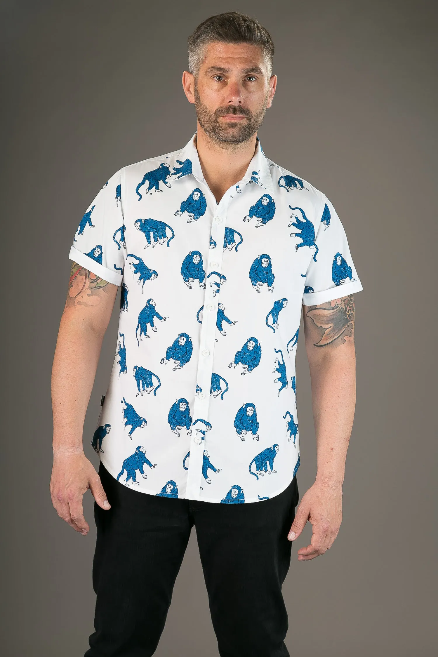 Blue Monkeys on White Print Cotton Slim Fit Mens Shirt Short Sleeve