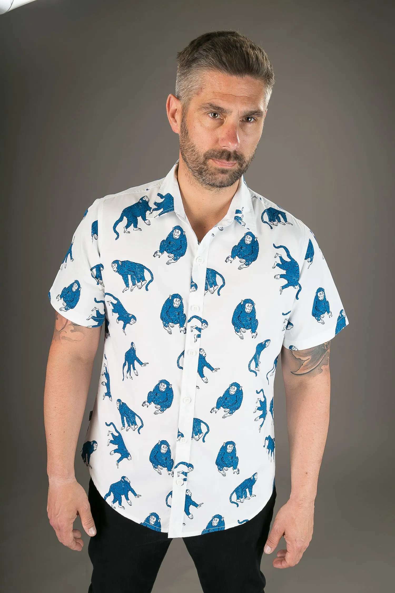 Blue Monkeys on White Print Cotton Slim Fit Mens Shirt Short Sleeve