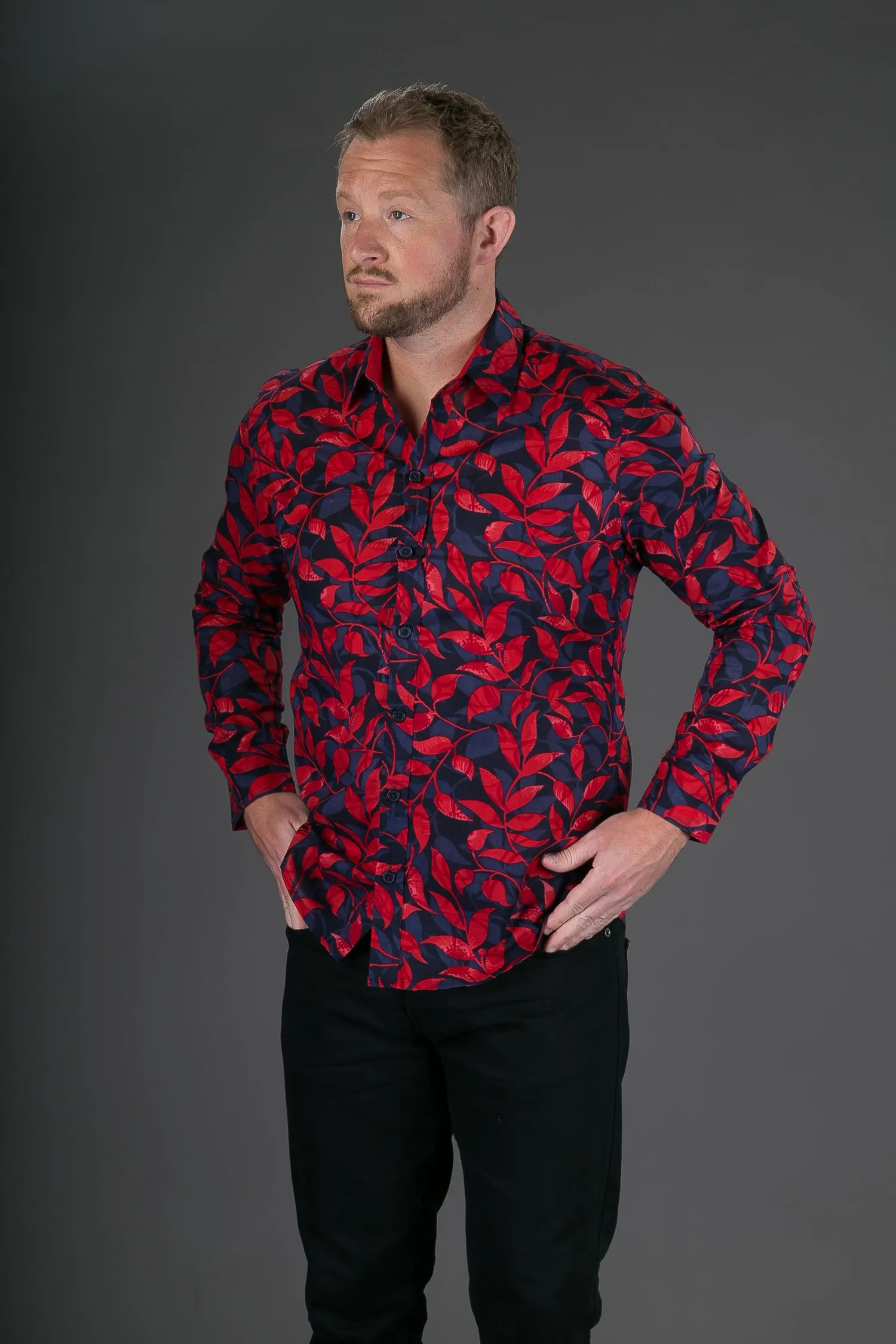 Blue Red Floral Print Cotton Slim and Regular Fit Mens Shirt Long Sleeve