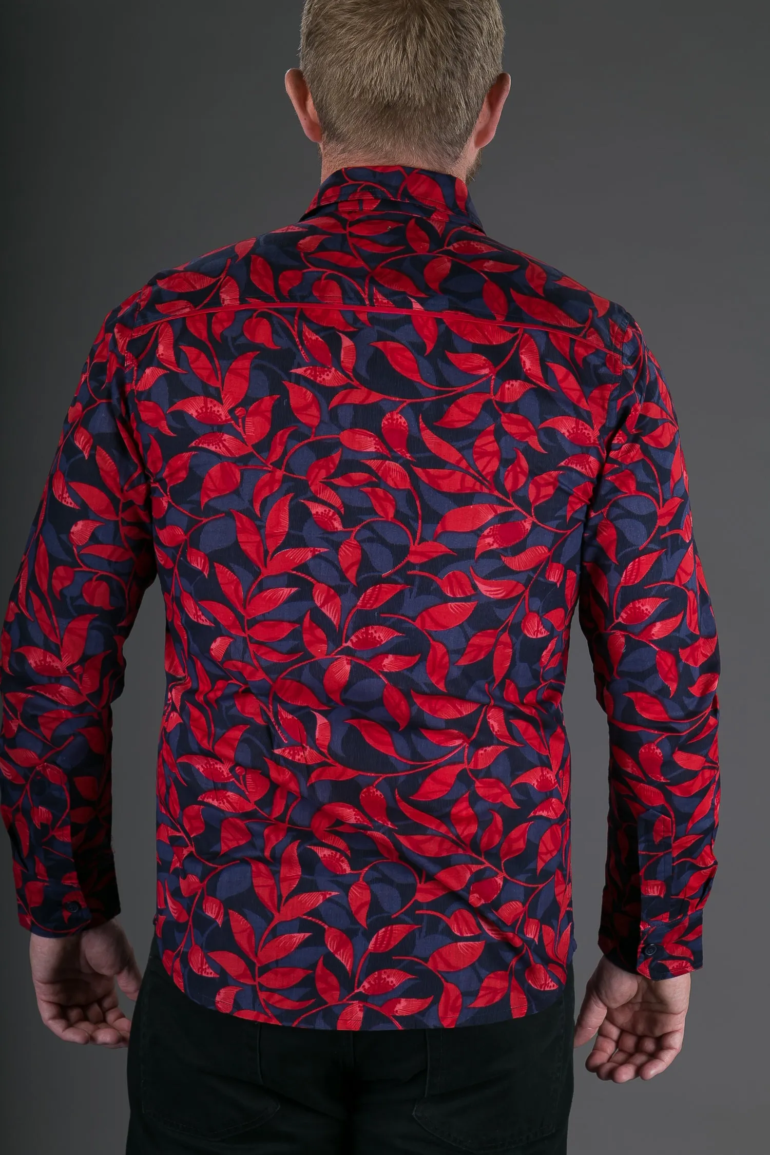 Blue Red Floral Print Cotton Slim and Regular Fit Mens Shirt Long Sleeve