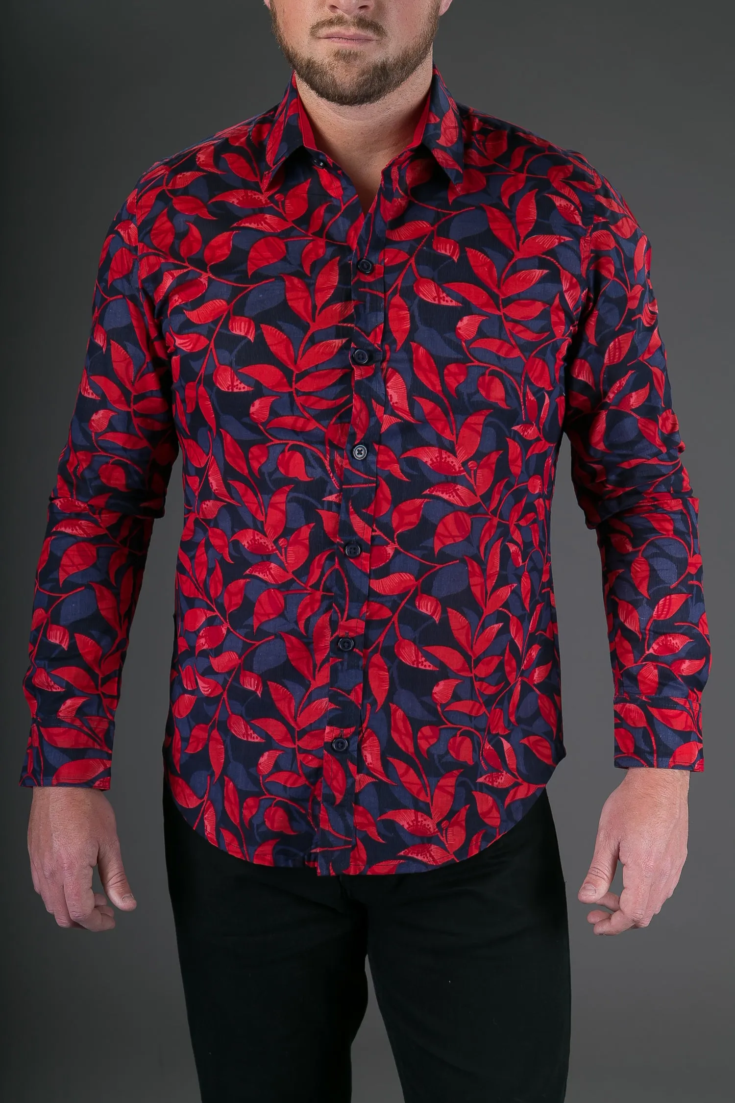 Blue Red Floral Print Cotton Slim and Regular Fit Mens Shirt Long Sleeve