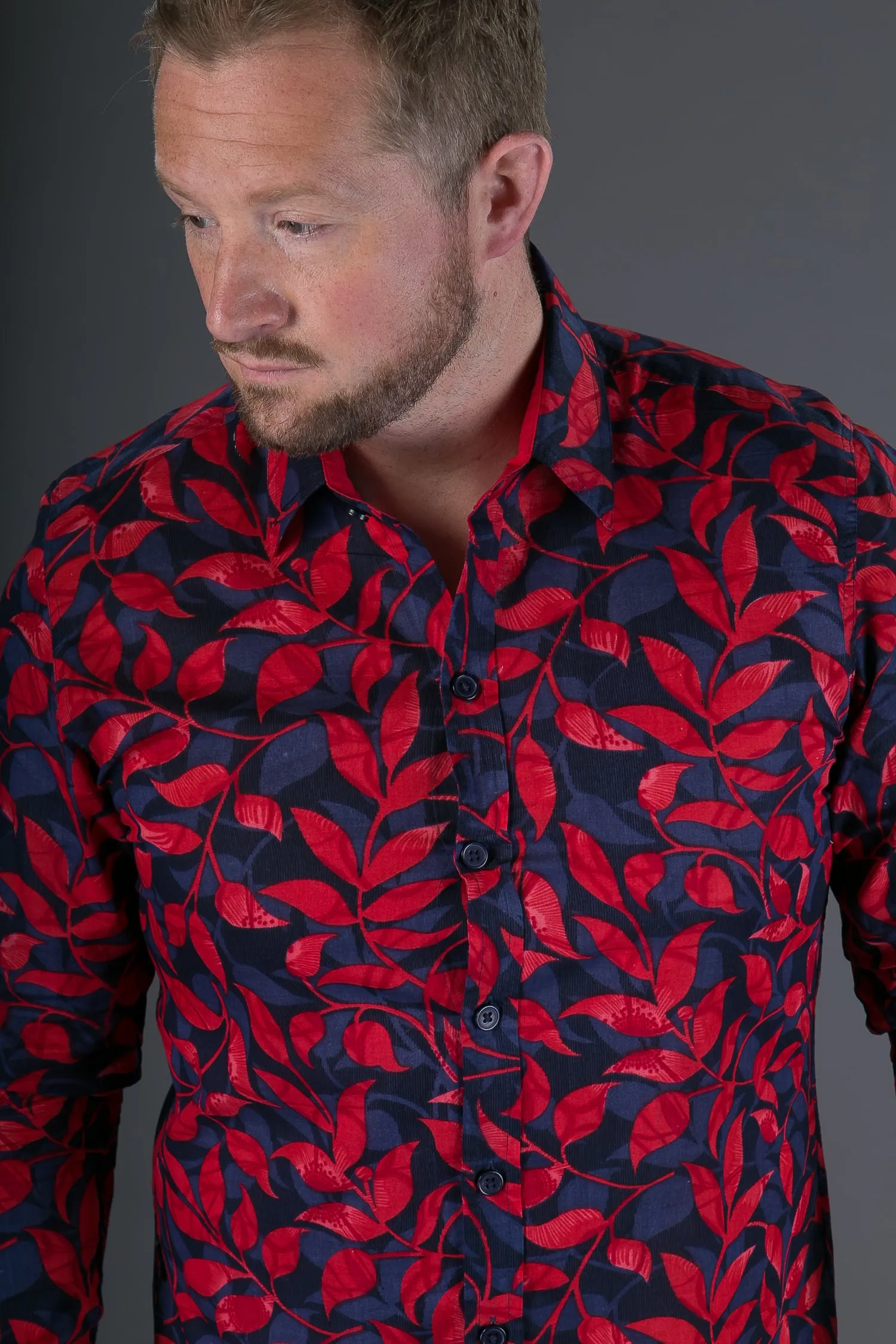 Blue Red Floral Print Cotton Slim and Regular Fit Mens Shirt Long Sleeve