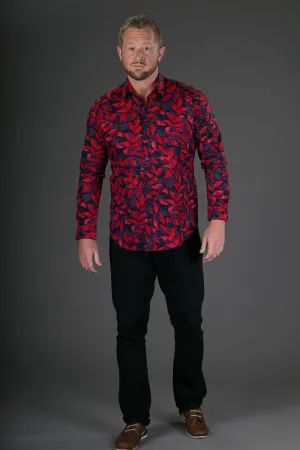 Blue Red Floral Print Cotton Slim and Regular Fit Mens Shirt Long Sleeve