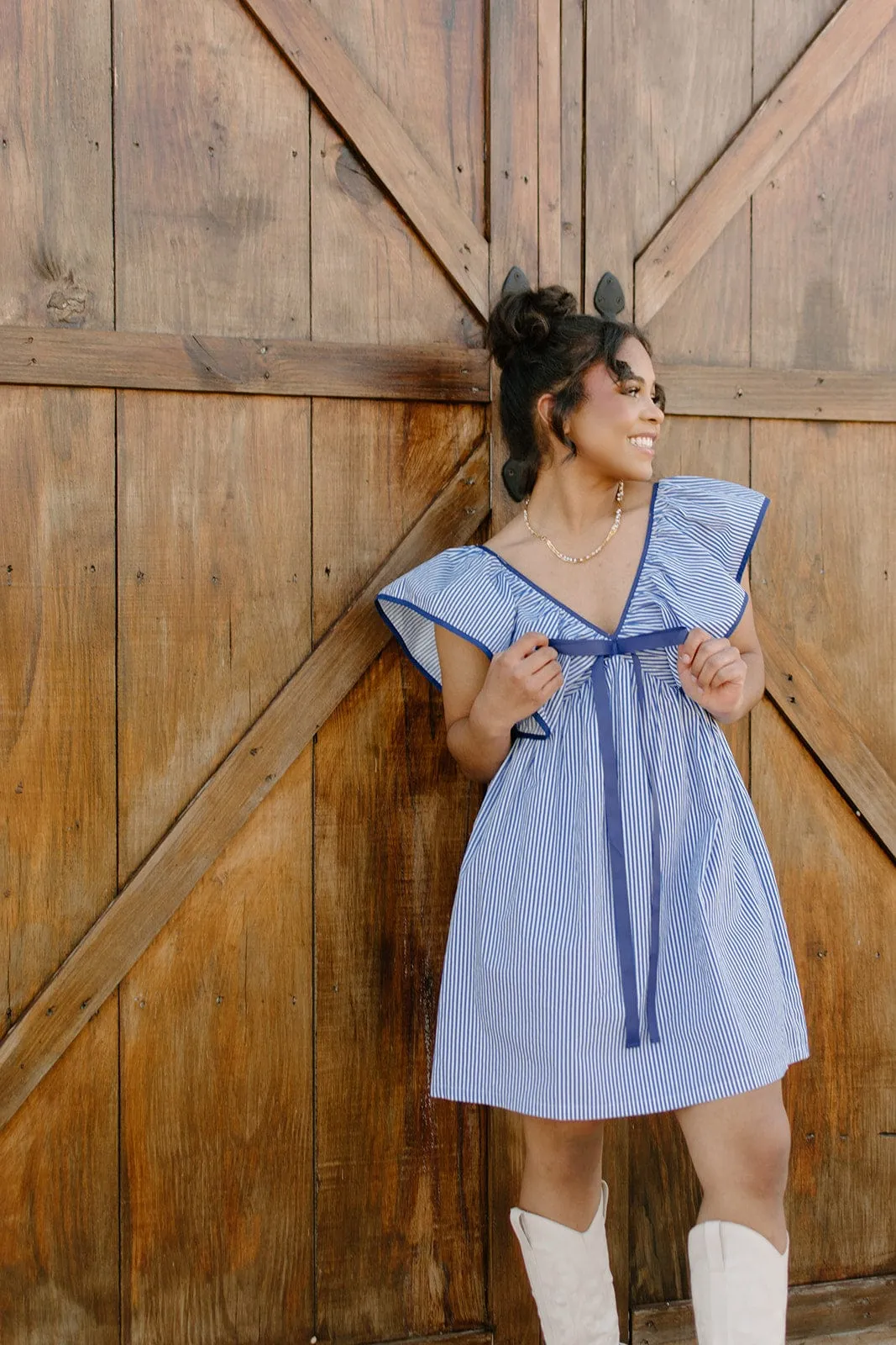 Blue Striped Ruffle Shoulder Dress