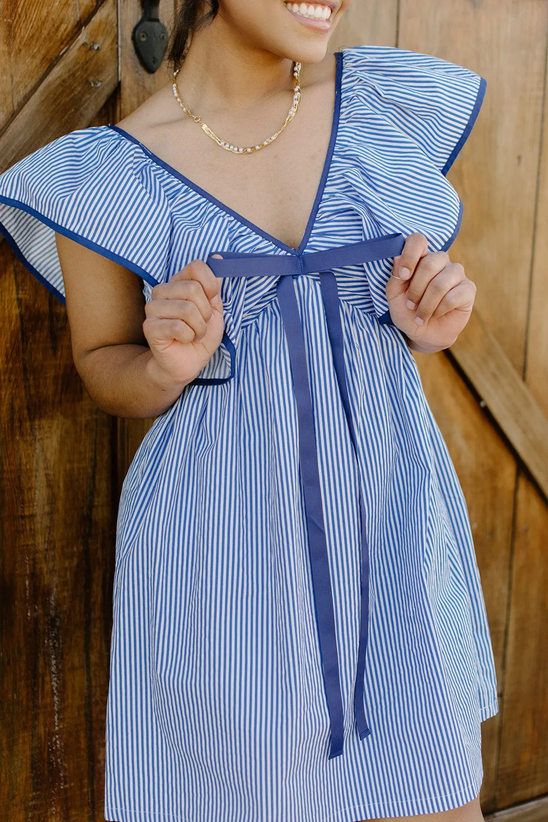 Blue Striped Ruffle Shoulder Dress