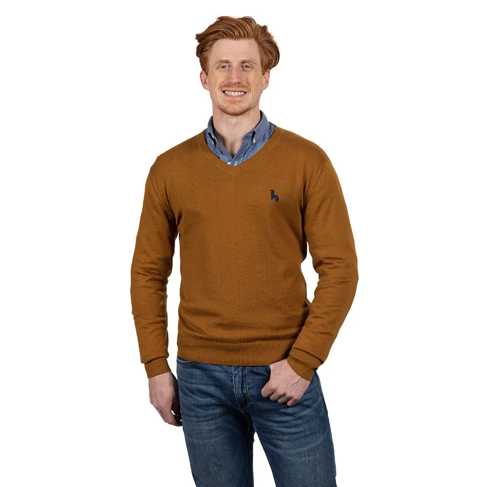 Camel Fine Gauge Cotton V-Neck Sweater