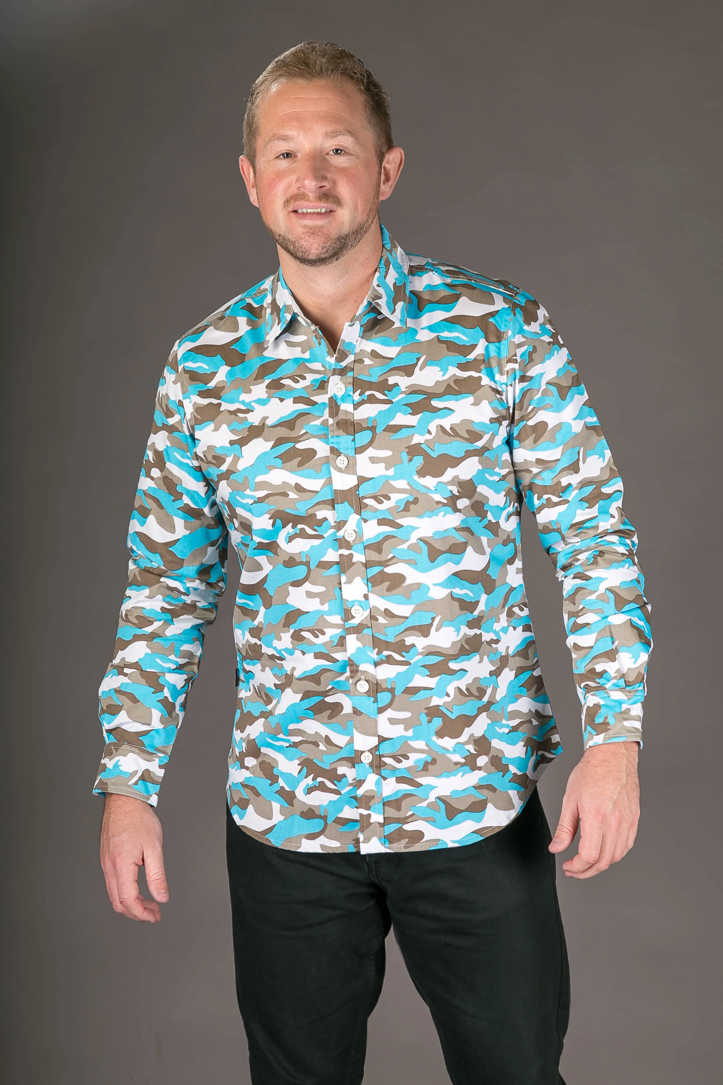 Camouflage Blue Print Cotton Slim Fit Mens Shirt Long Sleeve