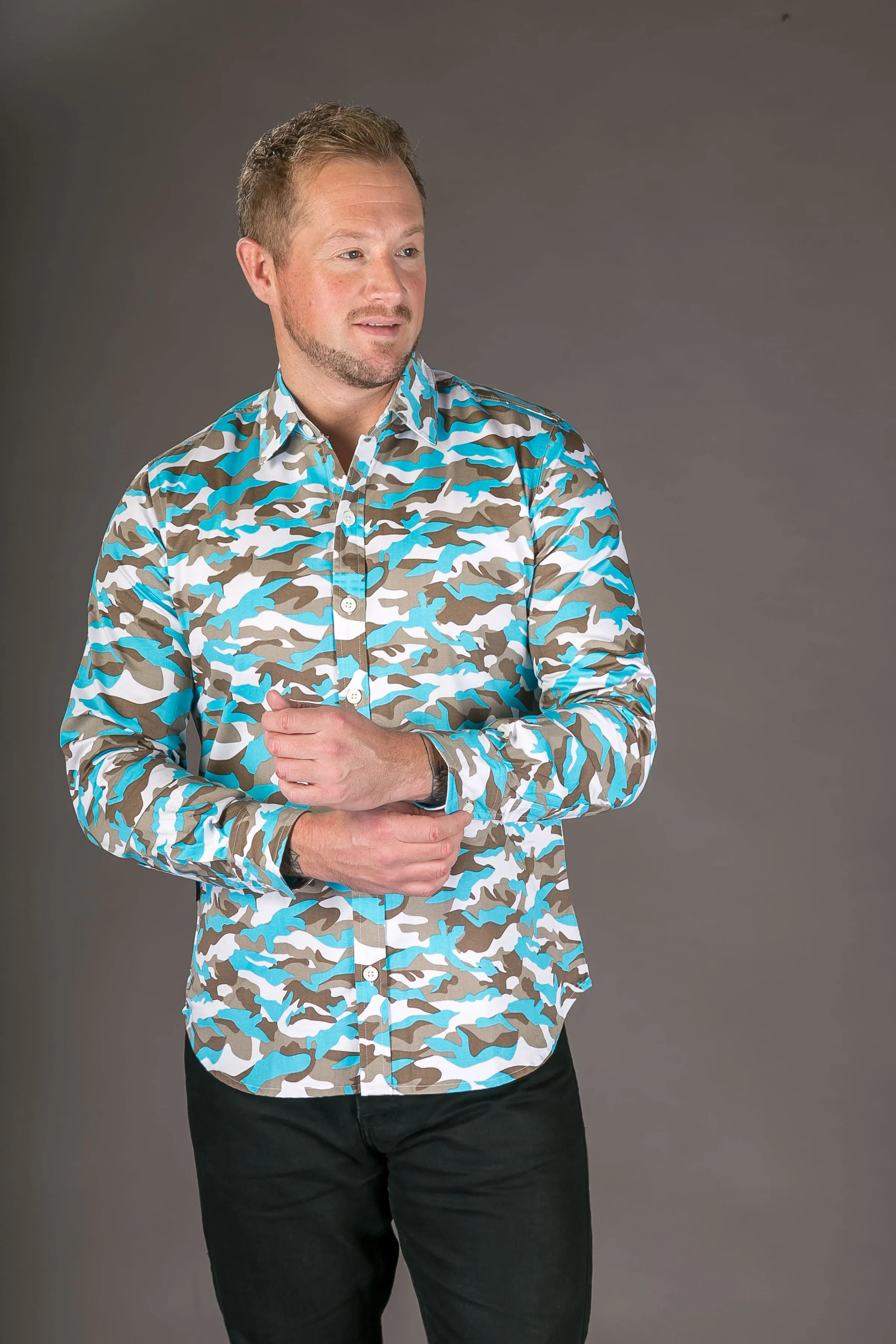 Camouflage Blue Print Cotton Slim Fit Mens Shirt Long Sleeve