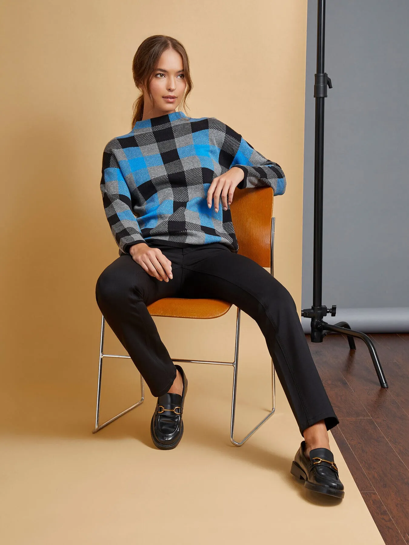 Checked Mock Neck Jacquard Sweater