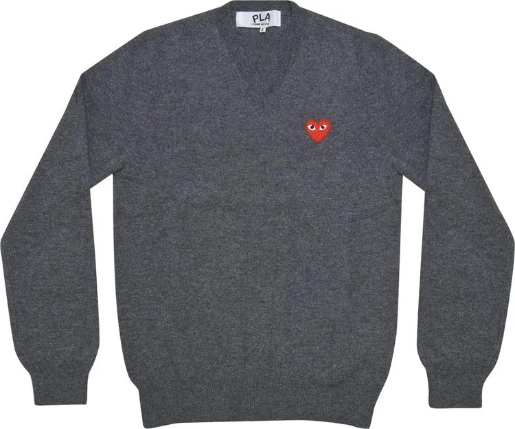 Comme des Garçons PLAY Heart Patch V Neck Sweater 'Grey', gray