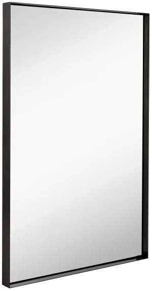 Contemporary Brushed Metal Wall Mirror | Glass Panel Black Framed Squared Corner Deep Set