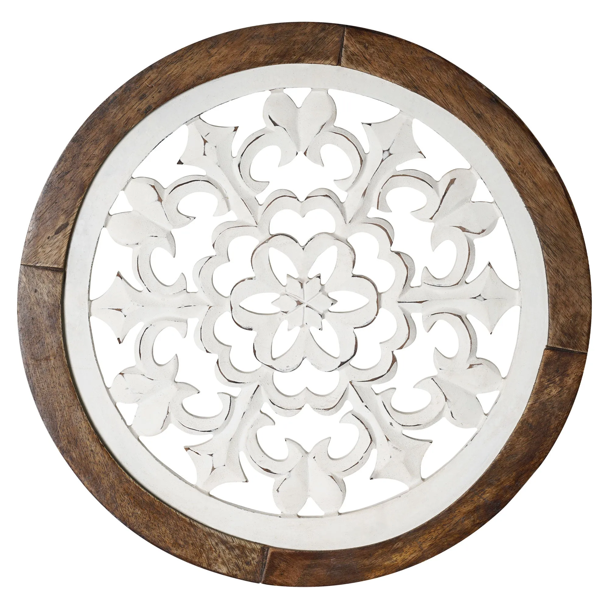 Distressed Wood Framed Round White Arabesque Wall Accent Medallion 16"