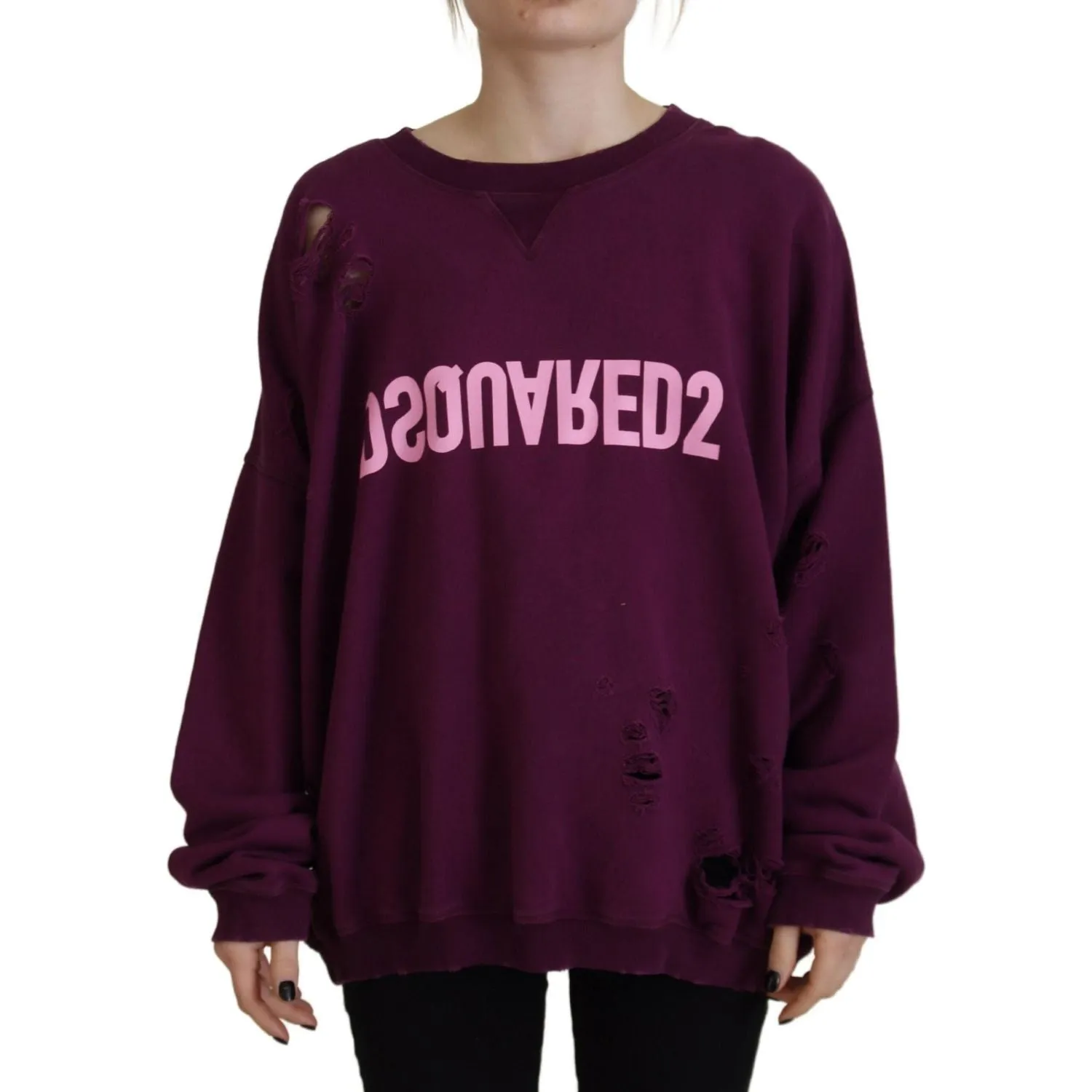 Dsquared² Purple Cotton Distressed Printed Long Sleeve Sweater