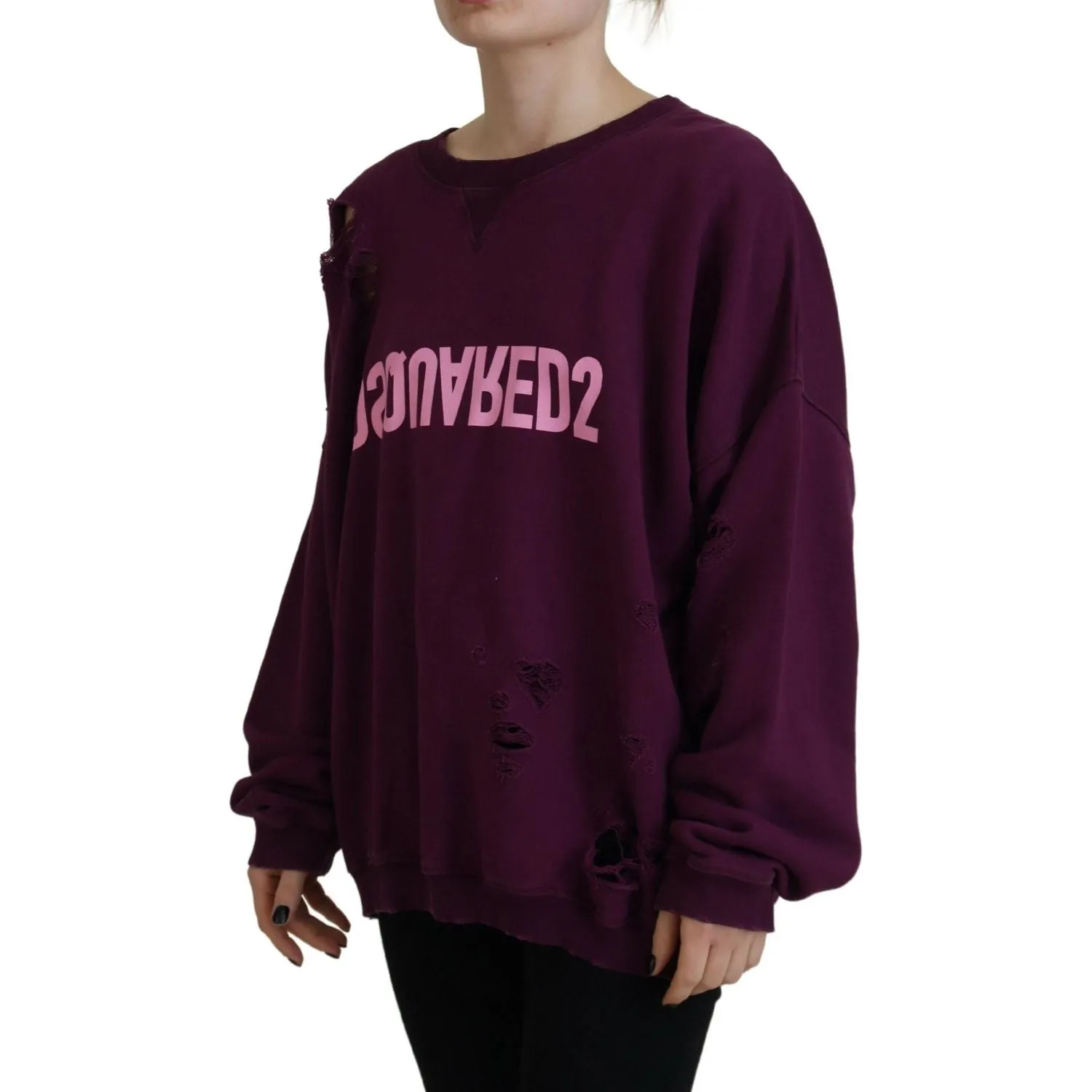 Dsquared² Purple Cotton Distressed Printed Long Sleeve Sweater