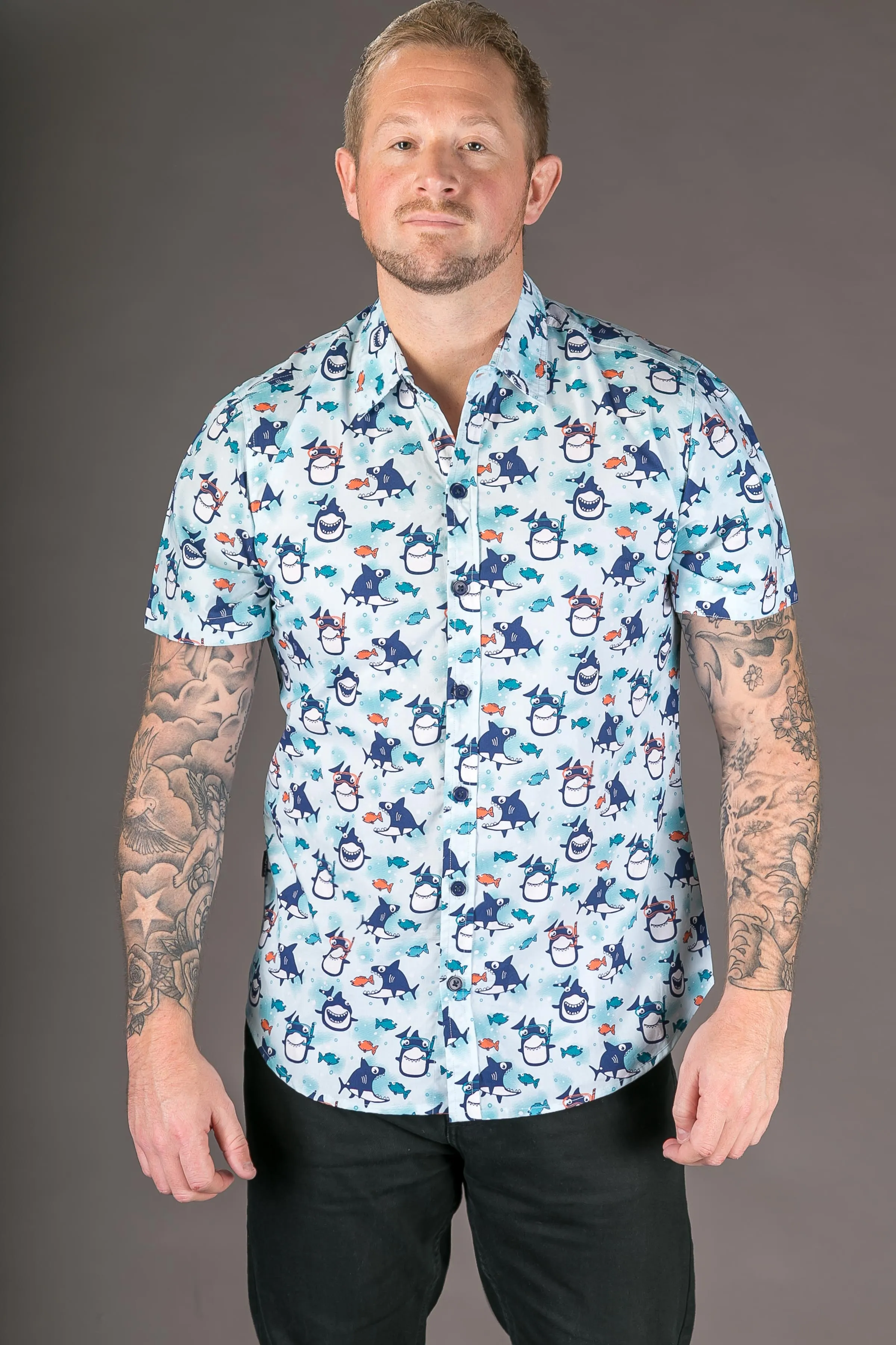 Fish Diver Print Cotton Slim and Regular Fit Mens Shirt Short Sleeve