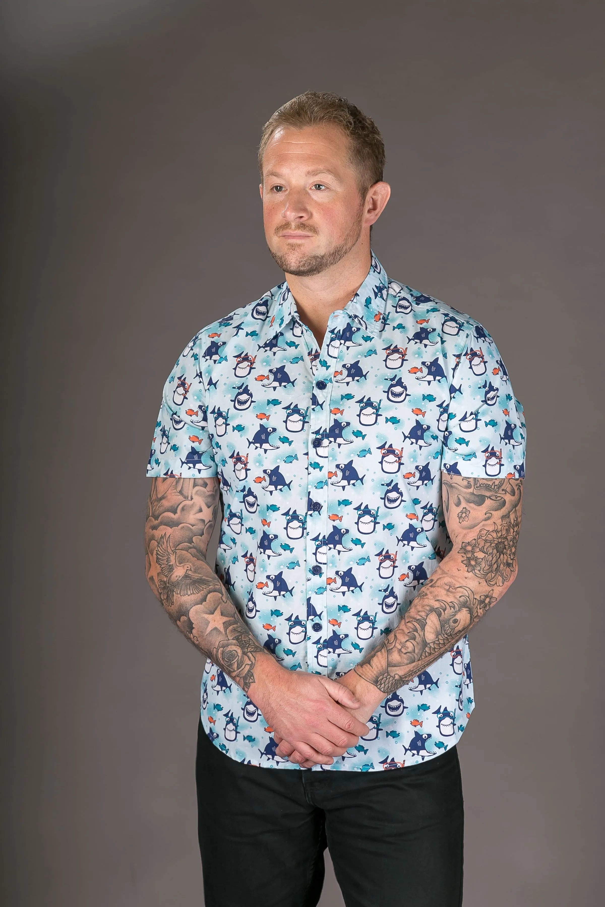 Fish Diver Print Cotton Slim and Regular Fit Mens Shirt Short Sleeve