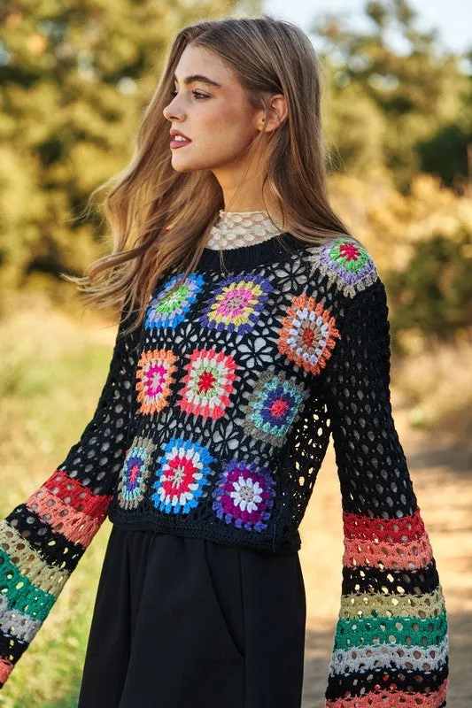 Floral Crochet Cropped Knit Sweater