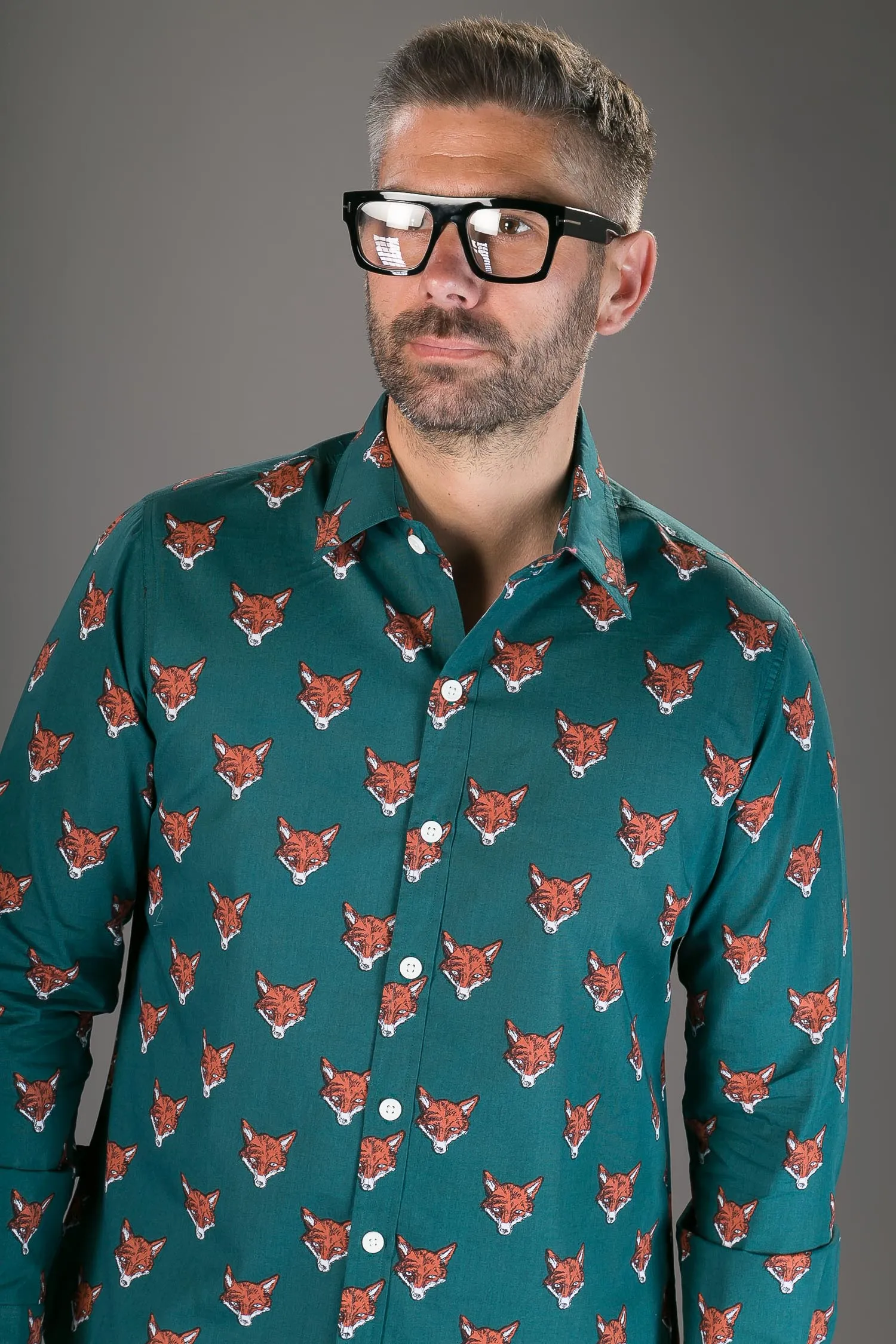 Fox Print Green Cotton Slim-Fit Long-Sleeve Mens Shirt